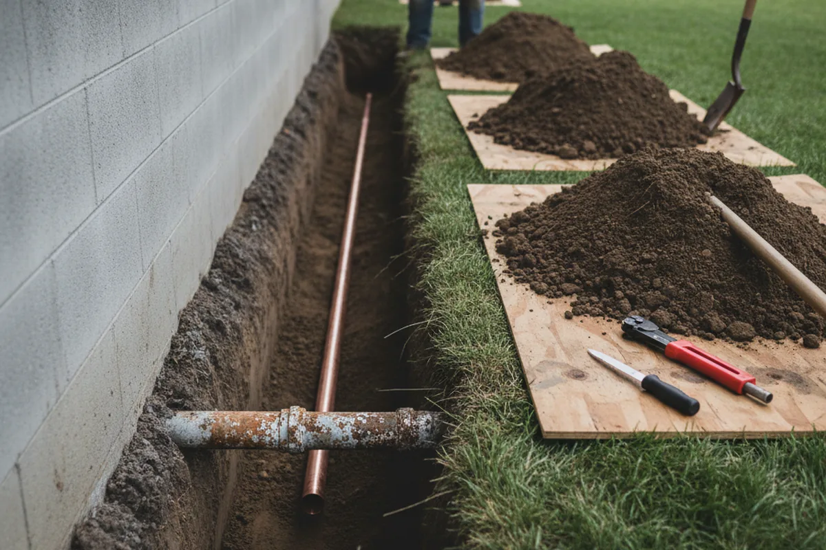 Excavated water line trench during Water Softener Installation in Leland